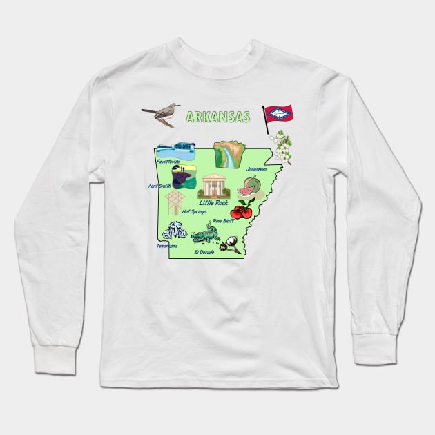 Arkansas tourist map with landmarks, attractions and famous symbols Long Sleeve T-Shirt by Mashmosh